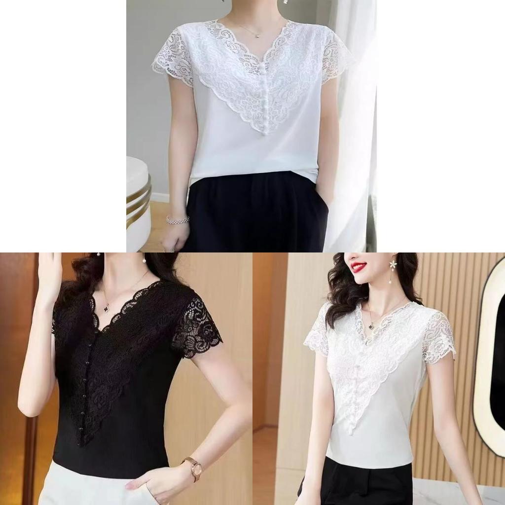 Summer Slim Fit T Shirt With Lace Paneling Polyester Fabric For Office Wear For Women