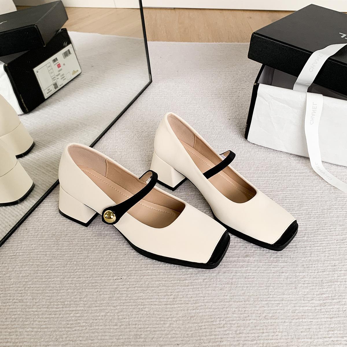 

Модные туфли Мэри Джейн с квадратным носком из ПУ для женщин, лодочки на среднем каблуке 4,5 см, ремешок с пряжкой, элегантные женские офисные туфли для платья, размер 35 40 40 бежевый