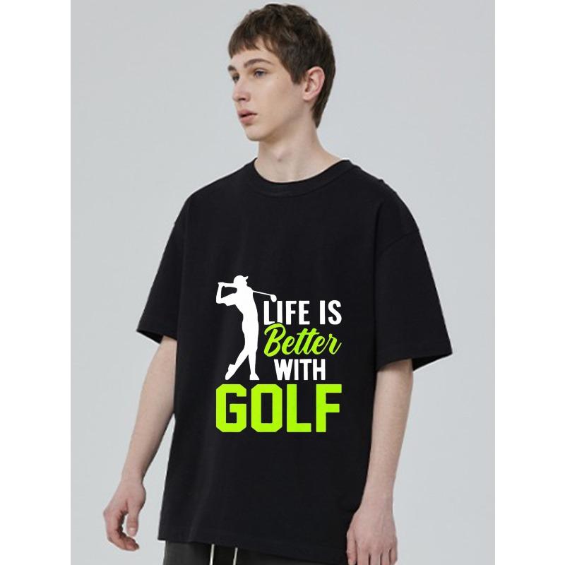 Schwarzes Herren-T-Shirt mit Golfspieler-Silhouette und dem Text Life Is Better with Golf für Freizeitkleidung und Golf-Enthusiasten