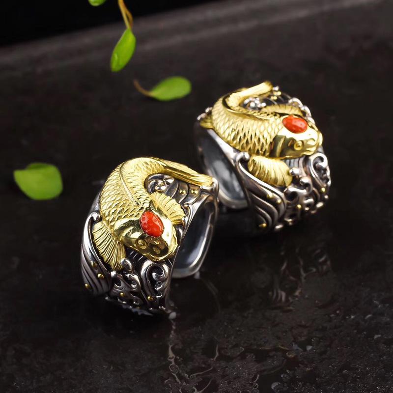 Men's Koi Adjustable S925 Silver Thumb Ring - Handmade Retro Ethnic Style Jewelry