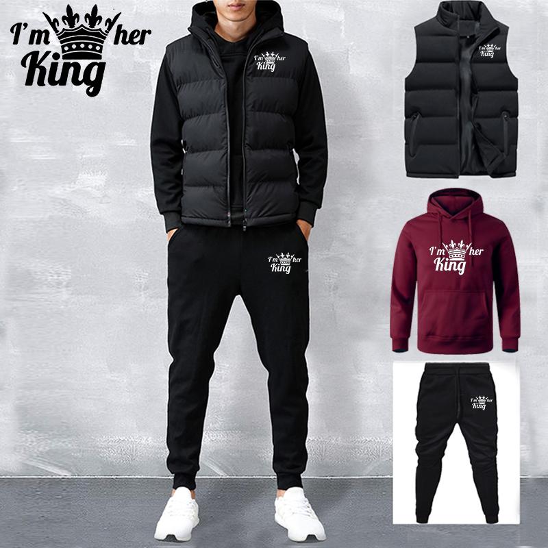 Men's Tracksuit New Autumn and Winter Solid Color  Printed Hoodie + Vest + Pants Three-piece Set Couple Casual Sportswear