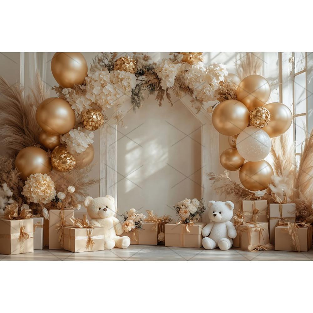 Boho Pampas Teddy Bear Photography Background Balloons Arch Tent Decor Cake Smash Baby 1st Birthday Indoor Photocall Backdrops