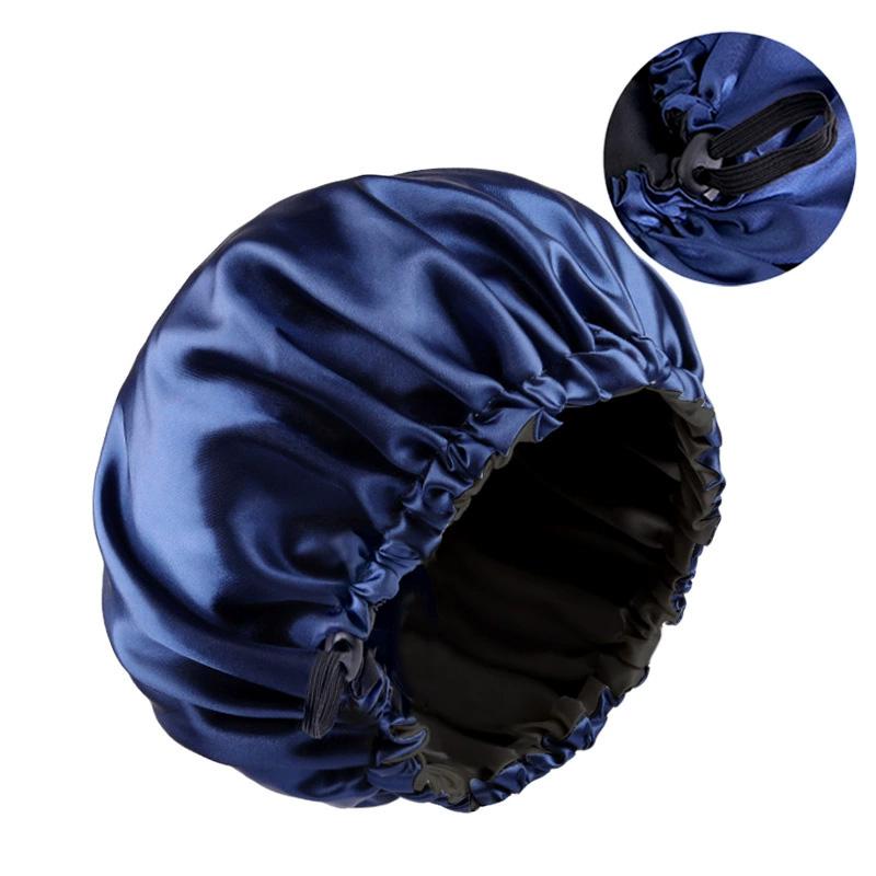 1pc Double Layer Adjustable Satin Bonnet Solid Color Elastic Button for Women Hair Hat Nightcap Silky Satin Fabric
