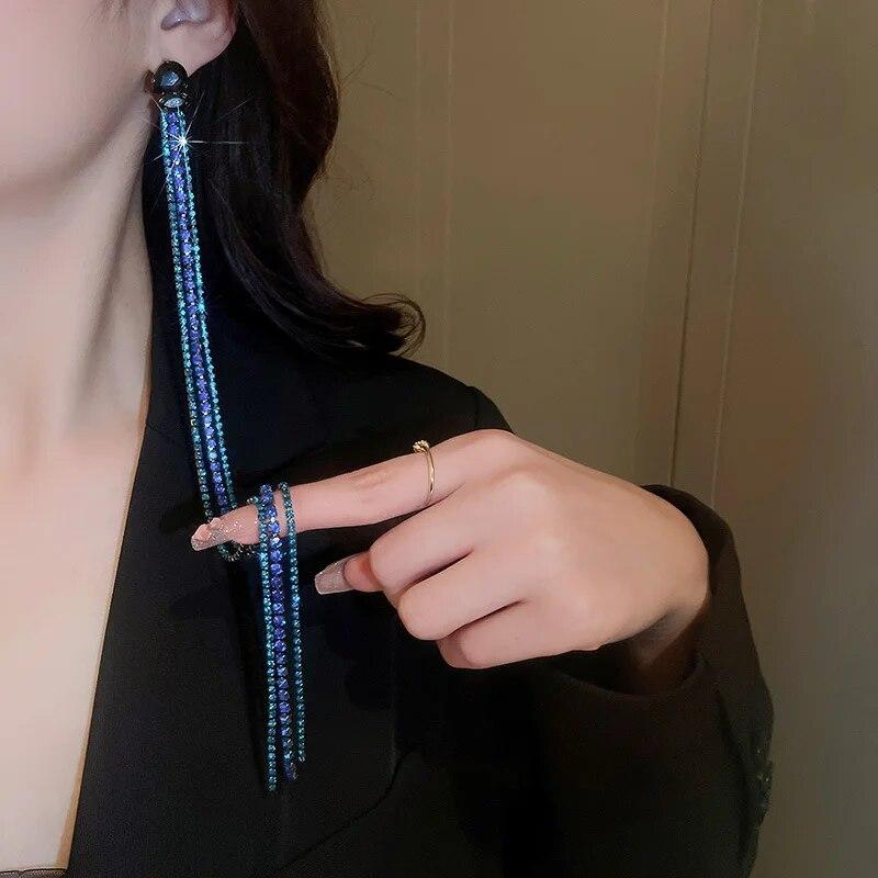 Exaggerated Blue Rhinestone Zircon Women's Earrings Long Chain Tassel Alphabet Triangle Shaped Earring Luxury Wedding Jewelry