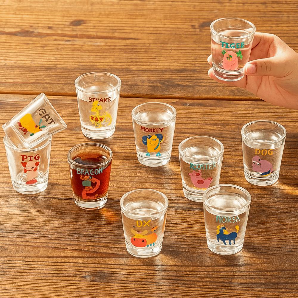 12Pcs 50ml Mini Wine Glasses Chinese Zodiac Cartoon Glass Cup Ideal Gift Sake Cup Set  Personalized