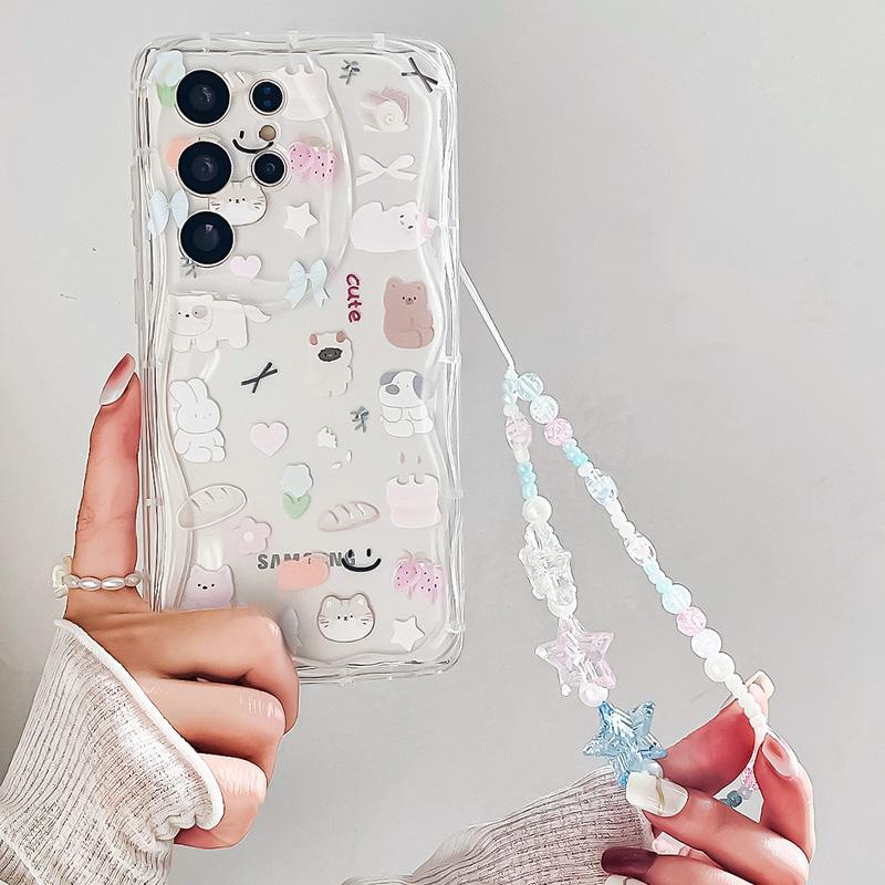 Wrist Chain Phone Case For iPhone 15 14 13 12 11 Pro Max 6 7 8 Plus XS Max XR Cute Cat Star Bead Bracelet Strap Lanyard Cover