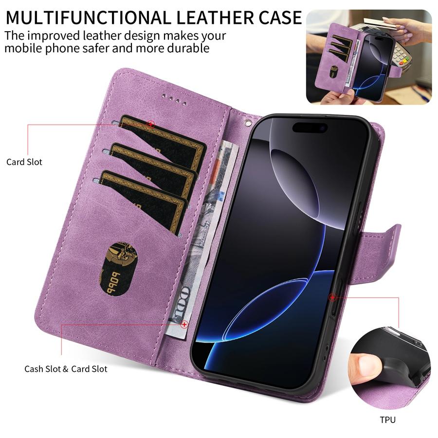 Solid Color Luxury Embossed Geometric Card Holder Wallet Case for iPhone/Samsung/Xiaomi Magnetic Buckle Phone Case Hand-strap Flip Cover