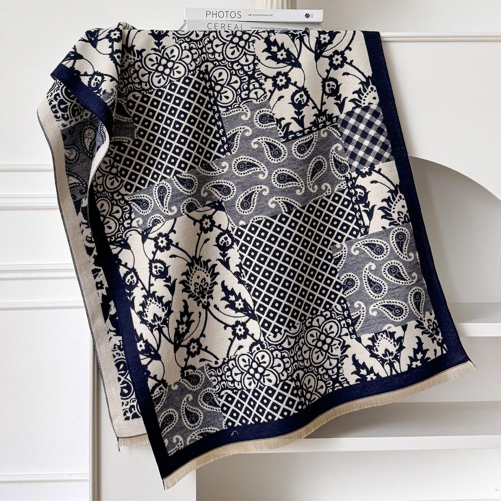 Autumn And Winter Imitation Cashmere Scarf Thickened And Lengthened Flower Scarf Retro Ethnic Style Shawl Dual-Purpose Outer Cover
