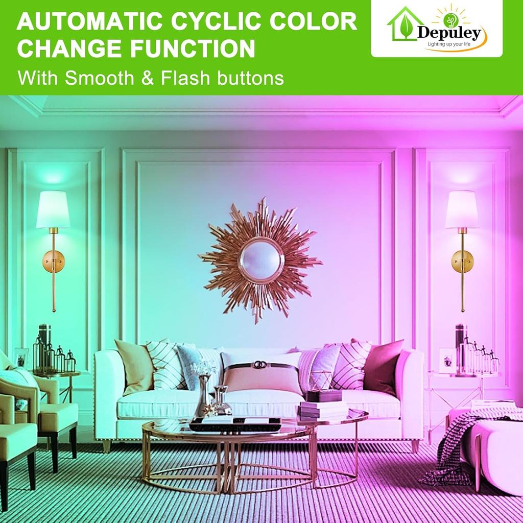 Depuley Battery Operated Wall Sconce: Set of 2 Wireless Wall Lights with 10000mAh Dimmable Bulbs and Remote for Bedroom - Rechargeable 15 Colors Gold