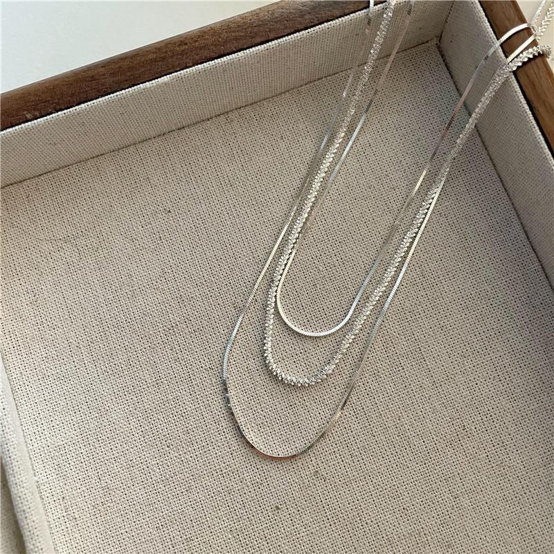 S925 Silver Fashion Multi-Layer Sparkling Collarbone Chain Multi-Layer Square Snake Bone Splicing Necklace Silver Jewelry 925 silver
