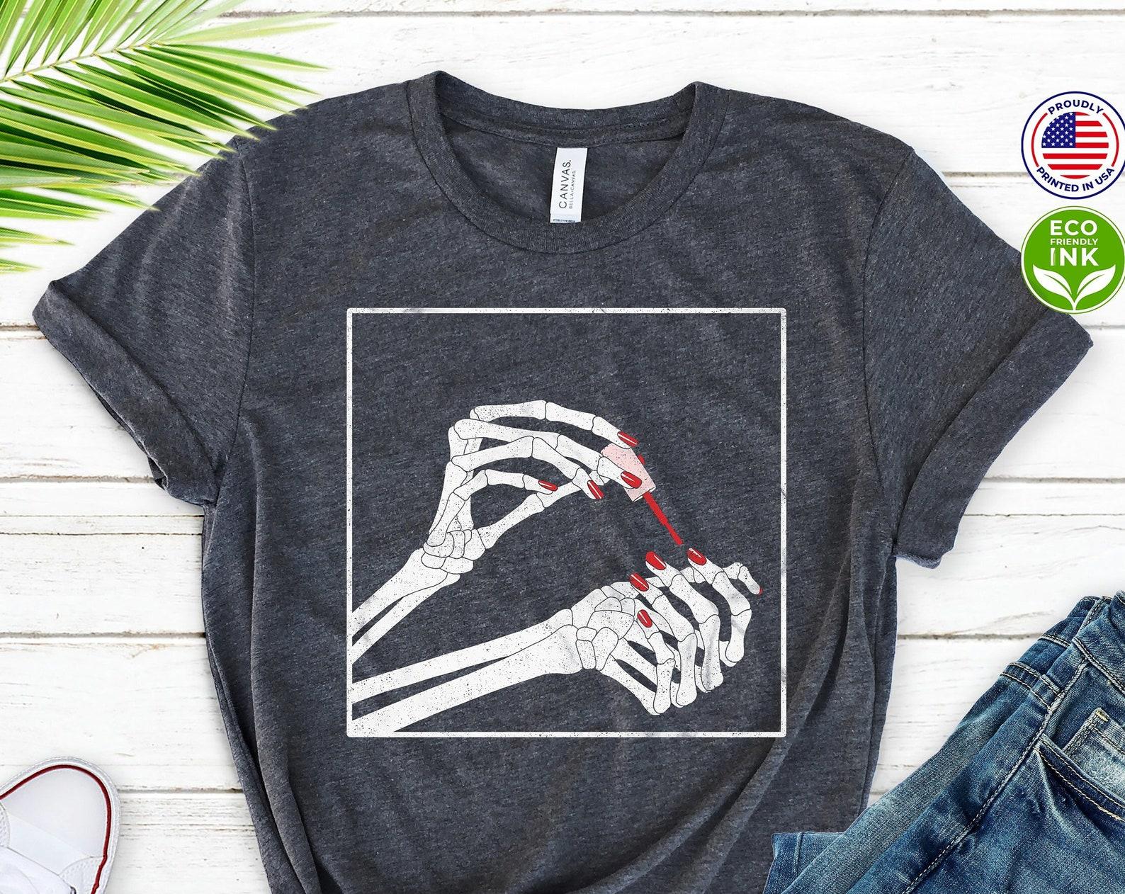 Skeleton Nails Shirt Skeleton Hand Nail Polish T-Shirt Nail Tech Manicurist Shirt Gothic Halloween Unisex Graphic Tee S