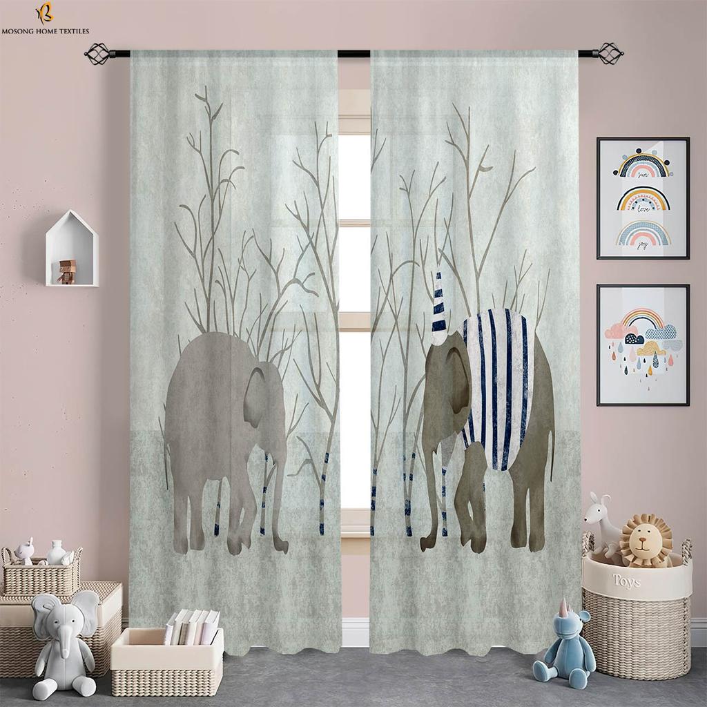 Window Curtains Cute Cartoon Elephant Print Curtains Machine Washable Bedroom Living Room Study Children'S Room Curtains 2 Pcs
