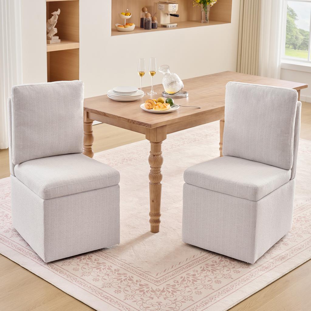 068-Multifunctional Dining Chair with Storage & Casters, Kitchen Chair without Armrests, 360 degrees Swivel, Chenille Cover Beige