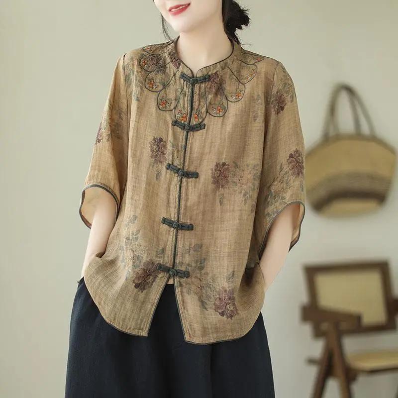 Summer Fashion Ladies Short-sleeved Embroidered Linen Shirt Thin Retro Disc Buckle Loose Cotton and Linen Top