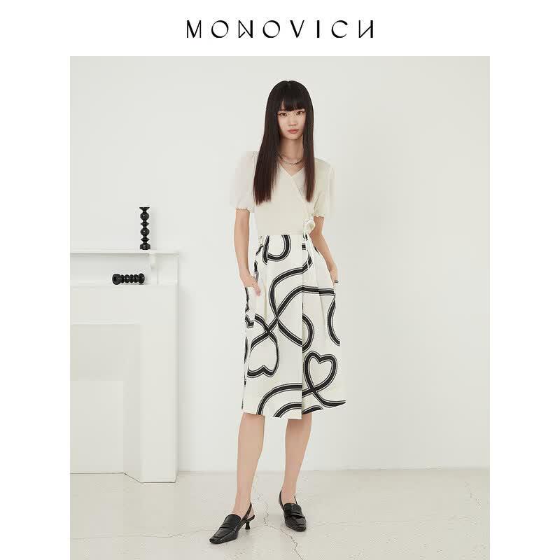 MONOVICH Heart Print High-Waist Pleated Skirt Pants