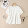 VONDA Women Summer O-neck Short Sleeve Lace Hem Casual Ruffled Blouse