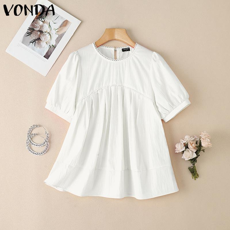 VONDA Women Summer O-neck Short Sleeve Lace Hem Casual Ruffled Blouse