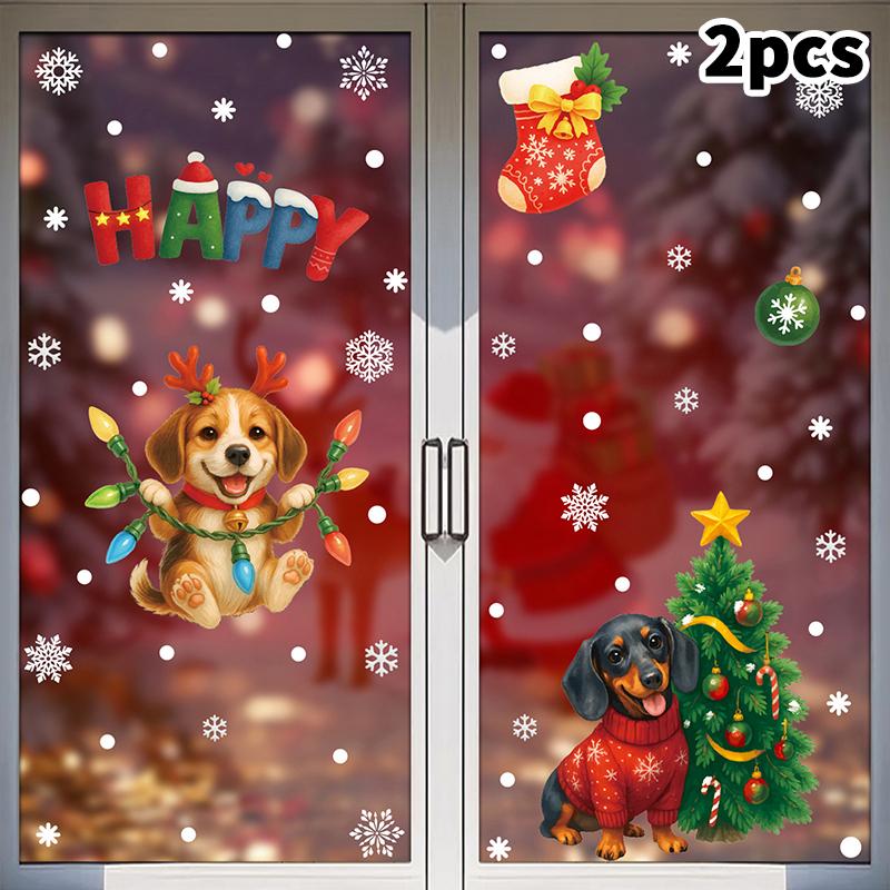 

Christmas Decorations Gift Box Static Stickers Shopping Mall Window Decoration Christmas Wreath Puppy Glass Stickers as the picture