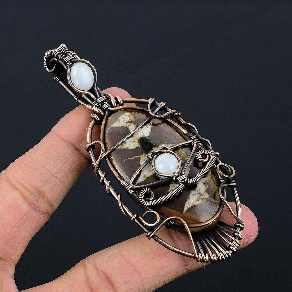 Mud Crack Fossil Pendant, 999 Copper Wire Wrapped Gemstone Jewelry, Handmade Tree Of Life Pendant, For Thanksgiving