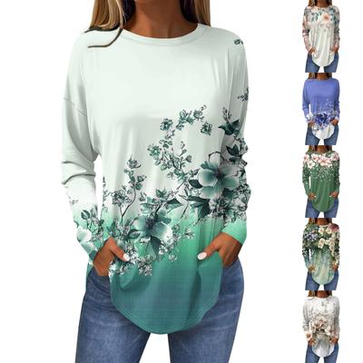Women's Loose Round Neck Print Long Sleeve T-Shirt Top Pullover