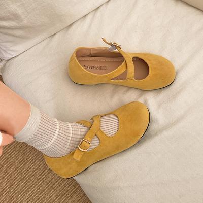 Rétro féerique vent jaune fond plat bouche peu profonde chaussures simples femme été 2025 nouveau avec jupe hauteur intérieure augmentée chaussures Mary Jane