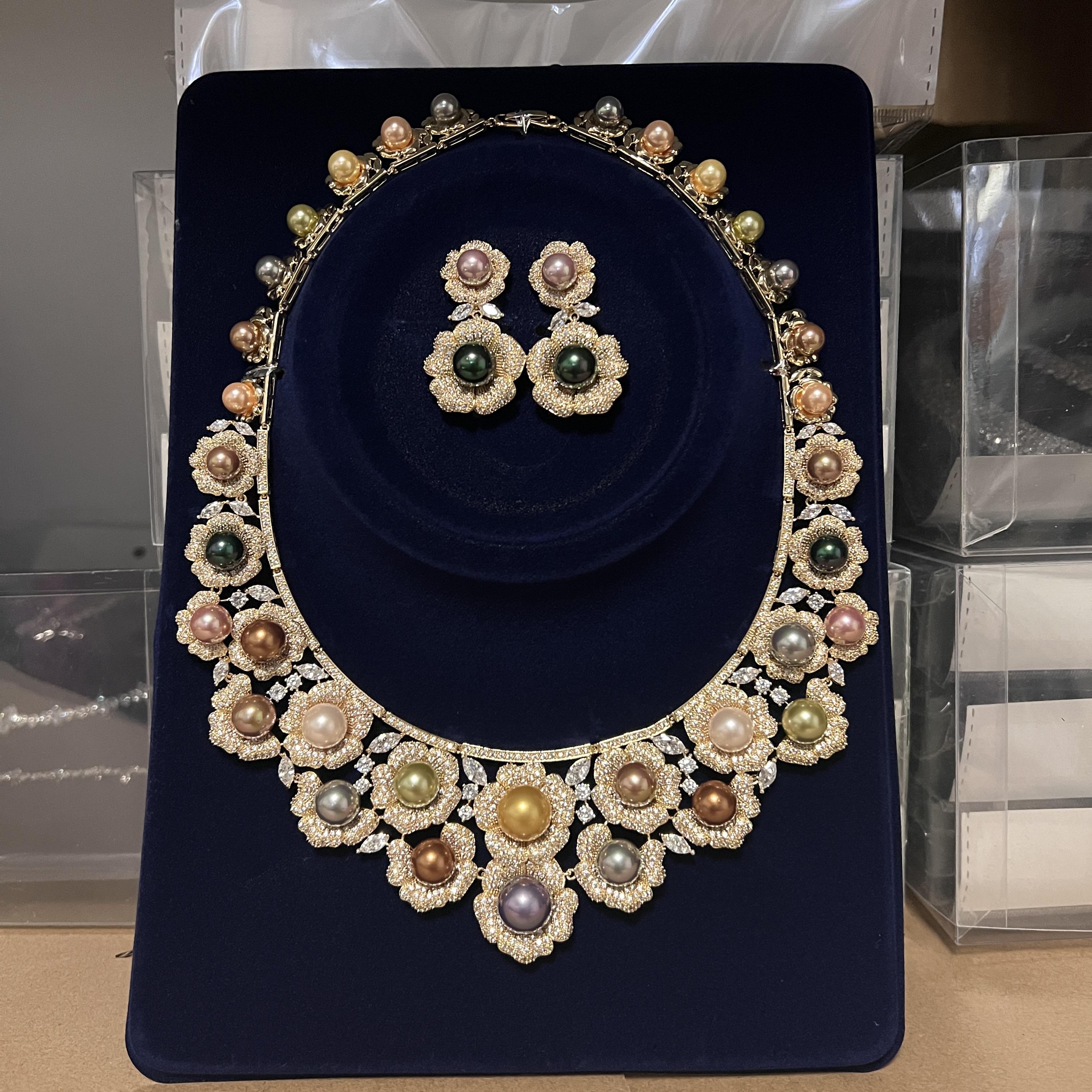 

High Quality Zircon Pearls Jewelry sets Luxury Designer Flower Necklace Women Sparkling Dubai Bridal Party Costume Accessories WHITE&43.0 cm