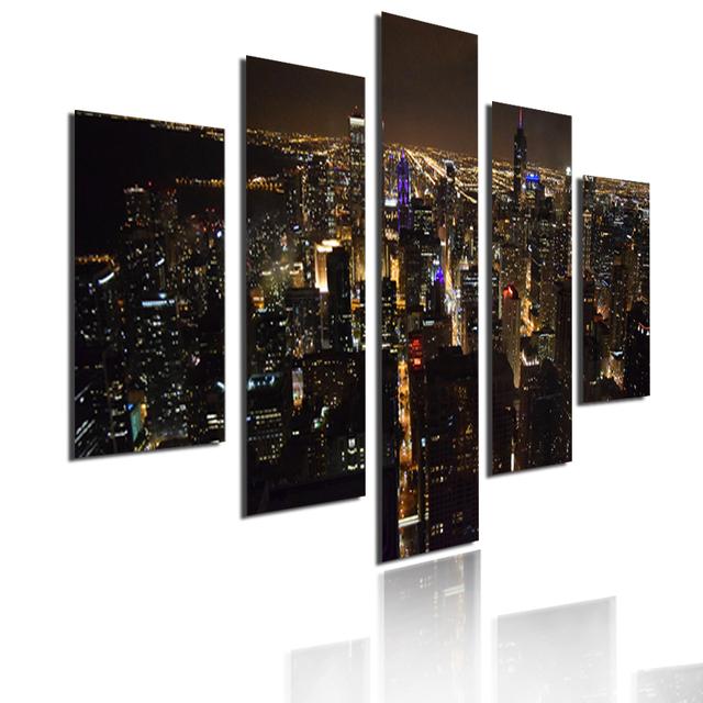 Wall Art Metropolis Skyscrapers Canvas Painting 5 Pieces Modular Picture Bustling City Night Poster HD Printed for Home Decor