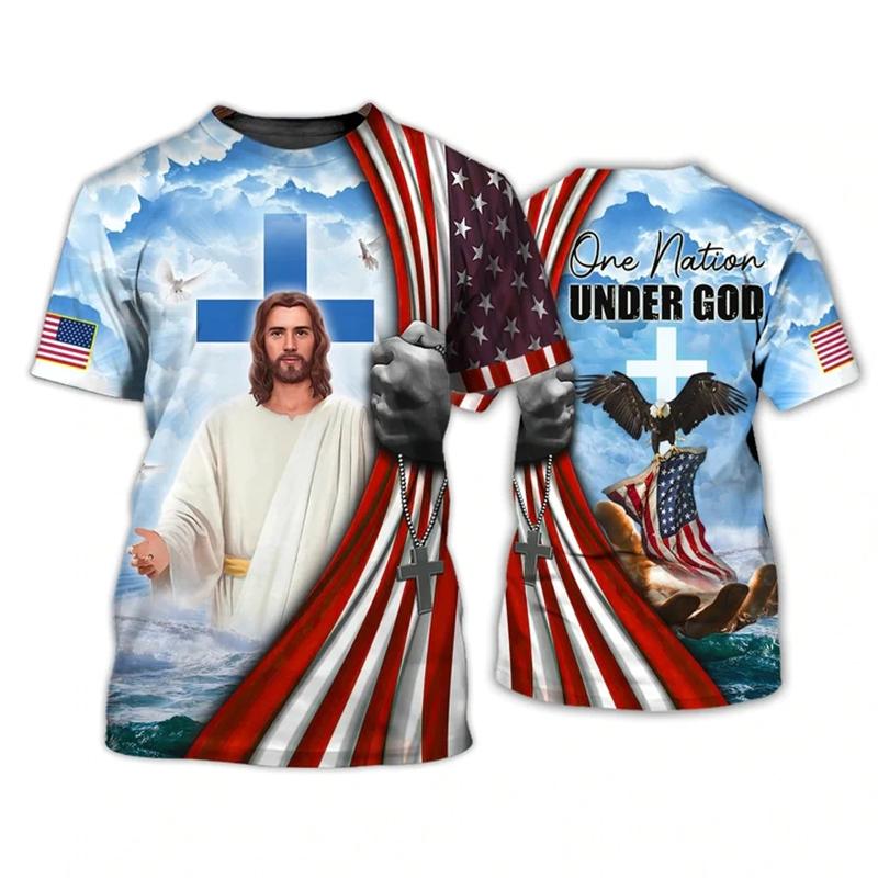 Men Tee Shirt Fashion T-shirt Summer Clothing Jesus Pattern USA Eagle Flag 3d Print Tops Casual Sportswear Oversized Tees Homme