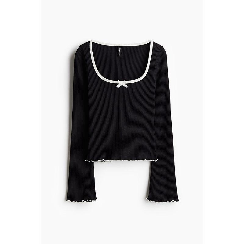 

Женская футболка HM Летняя Приталенная В рубчик Низкий квадратный вырез Бант Короткий жакет 1272455