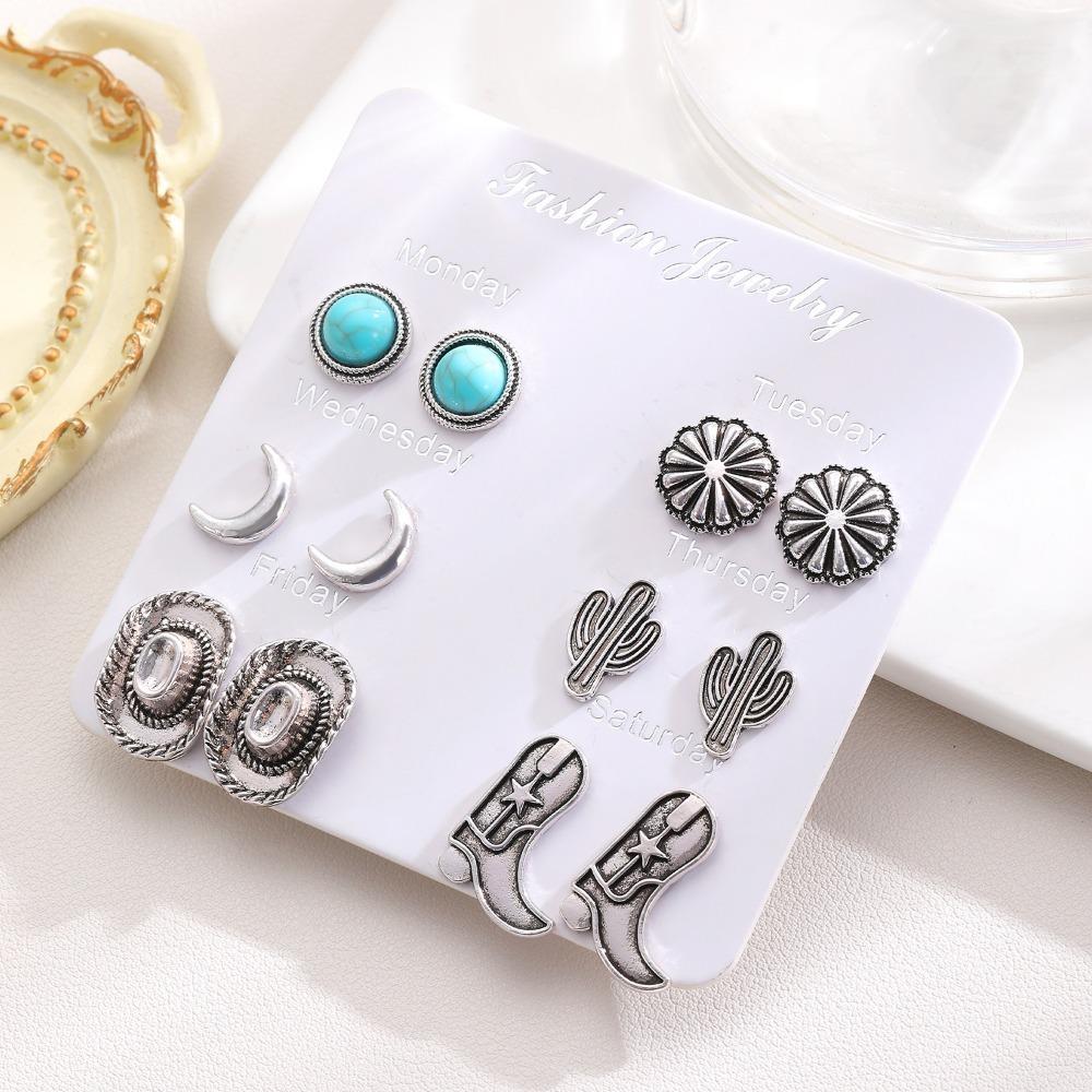 6pcs Set Retro Ethnic Western Cowboy Style Hat Boots Moon Cactus Turquoise Stud Earrings for Women Fashion Jewelry Sets Gifts
