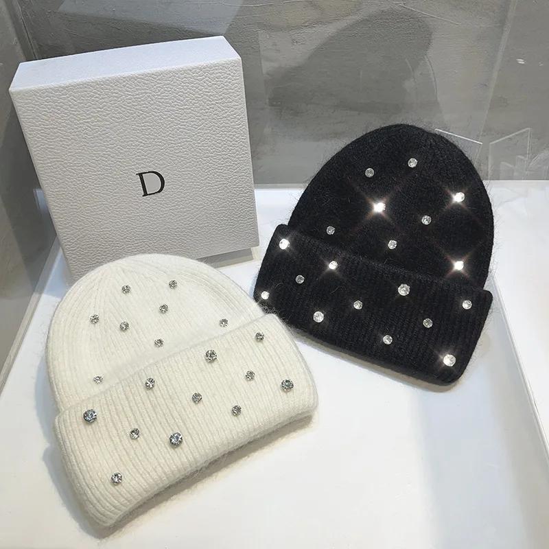 Luxus Strass Perlen Strickmütze Koreanische Damen Kaninchenfell Wolle Skullies Mütze Wintermode Verdickte Warme Mütze Beanie