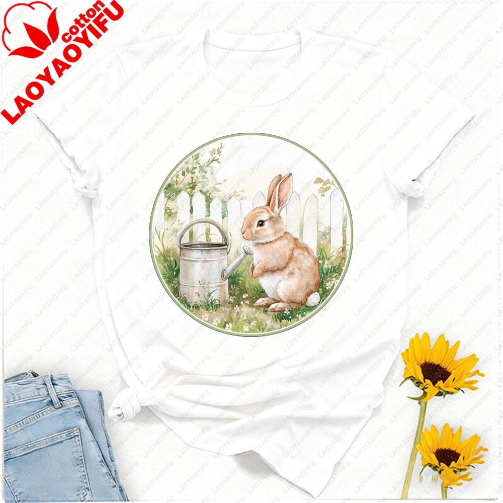 Watercolor Garden Bunny Tshirt Rabbit With Watering Can Fence Floral Graphic Tshirts Vintage Aesthetic Festive Casual Tshirts