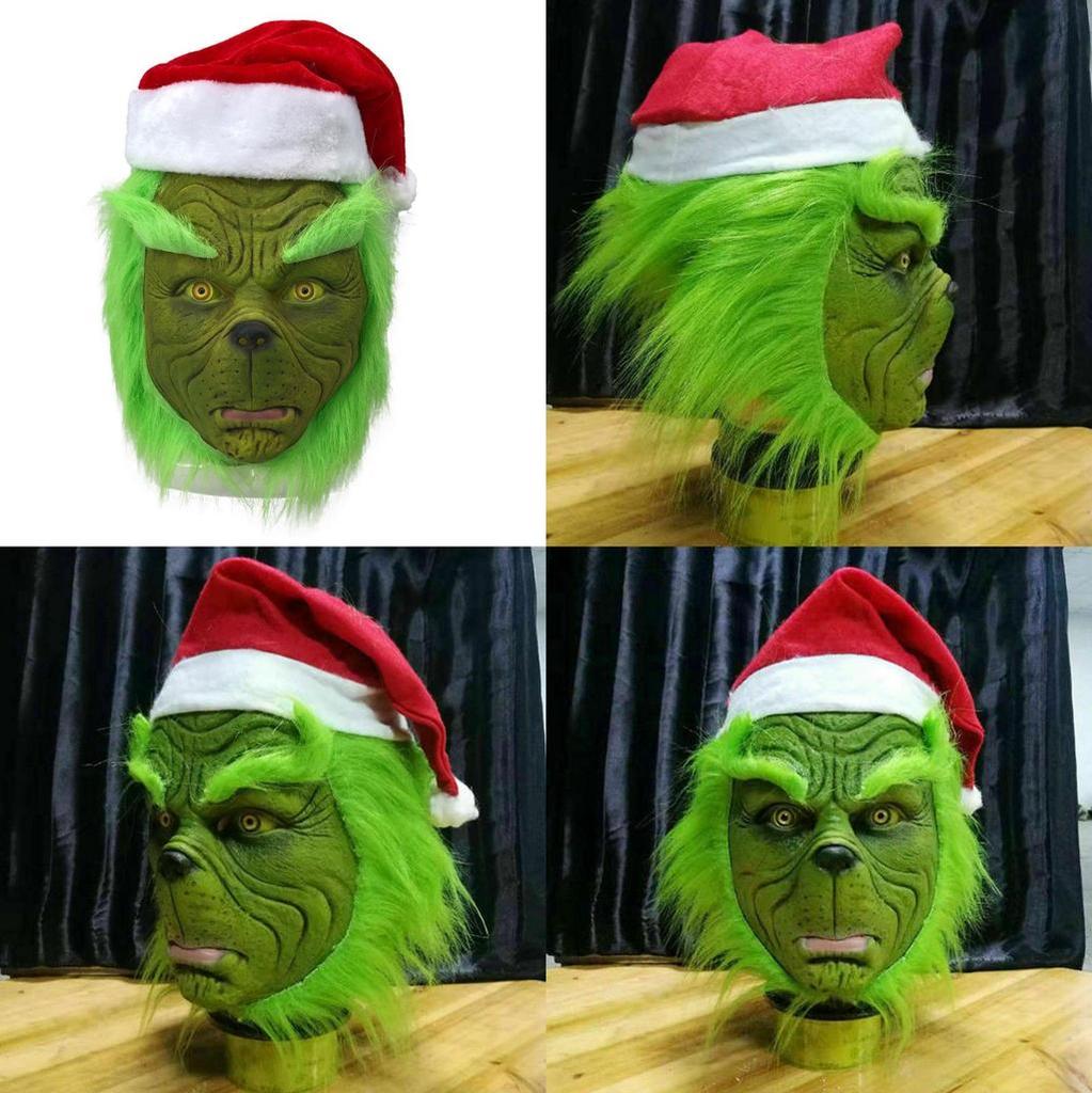 Psotny Zielony Potwór Maska Grincha z Czapką Świąteczną Dla Dorosłych Zabawa Cosplay