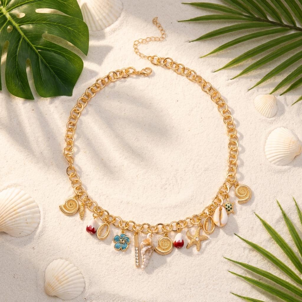 Kadınlar için Bohem Deniz Yıldızı Kabuk Salyangoz Kaplumbağa Kolye Ucu Punk Kalın Zincir Çiçek Choker Charm Yaz Tatili Takıları