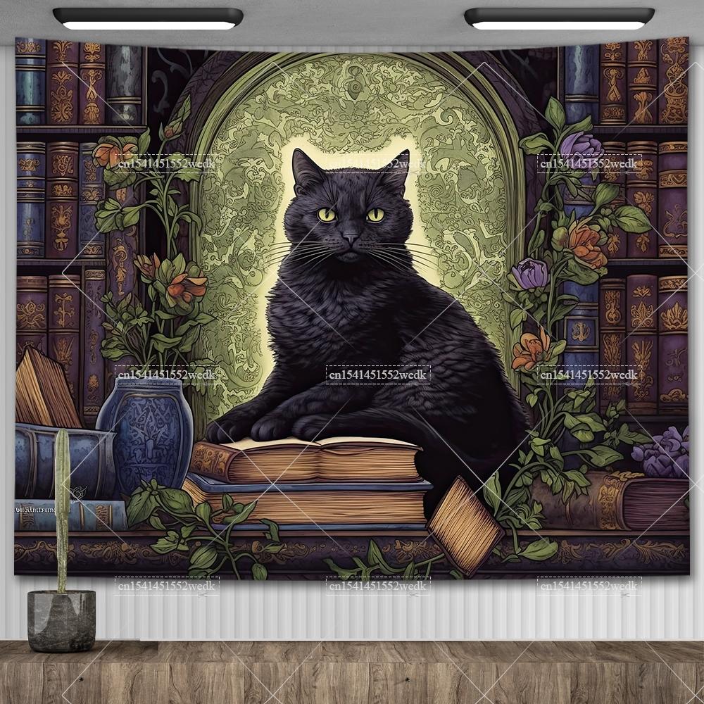 Black Cat Library Tapestry Wall Hanging Occult Witchy Altar Cloth Tarot Tapestrys Aesthetic Bedroom Decor Printed Tapestries