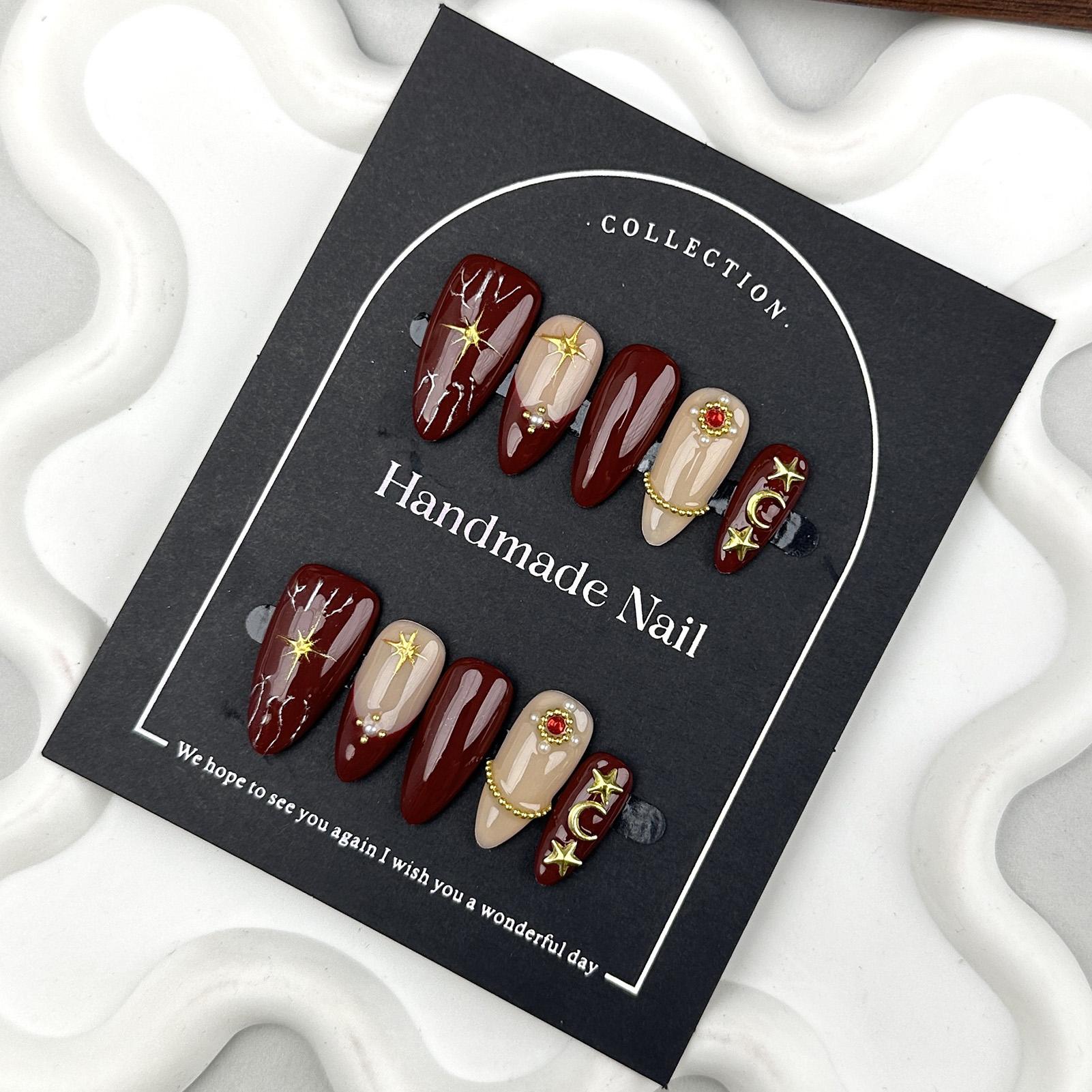 10pcs Vintage Wine Red Handmade False Nails Press On Nails Glossy Fake Nails 3D Golden Star Moon French Almond Fake Nails