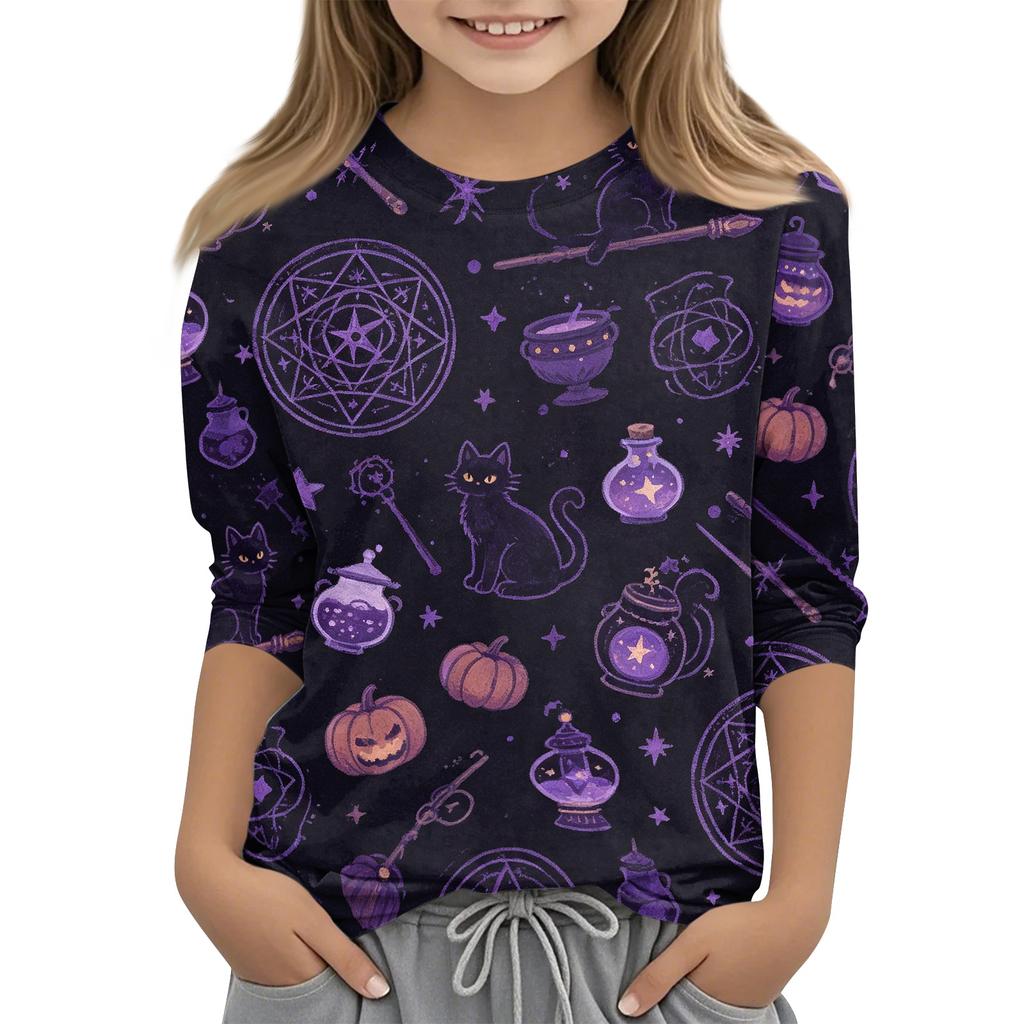 Boys and Girls Halloween Printed T-Shirt with Round Neck and Three Quarter Sleeves for Casual Wear