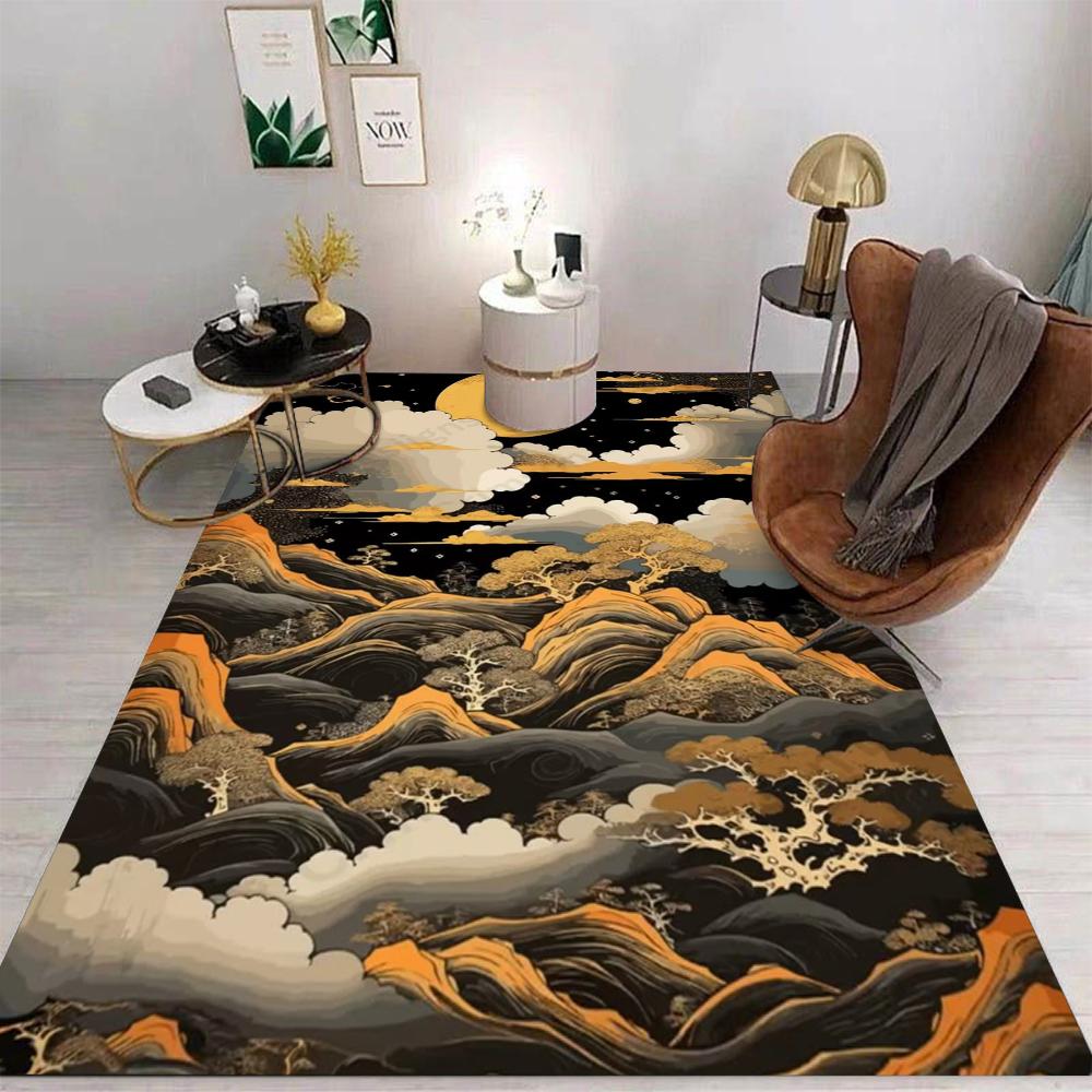 Chinese Art Style Carpet Golden Mountain Waterfall River Moonlit Forest Auspicious Cloud Patterns Rug For Living Room Decor