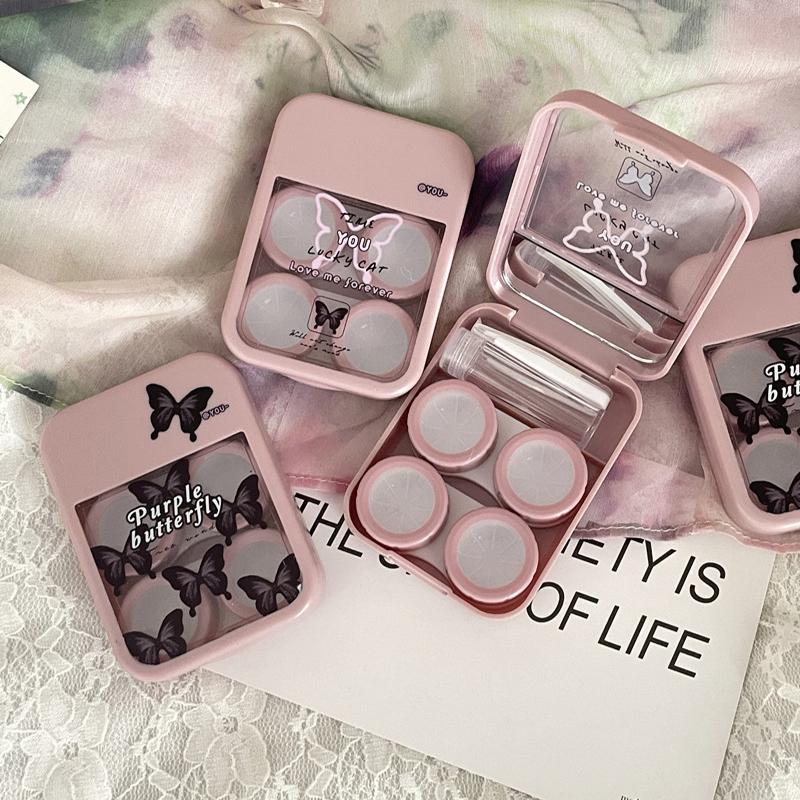 1Set Trendy Mini Contact Lenses Box Purple Black Butterfly Contact Lens Case With Mirror For Women Holder Eyewear Accessories