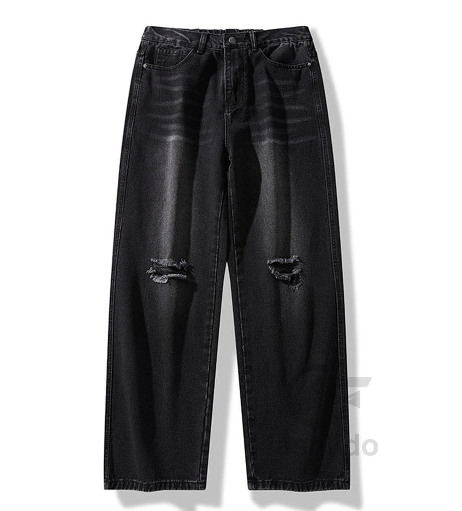 Denim Jeans with Distressed Straight Loose Available in Sizes Simple Stylish for and Winter Black [F fasnlido] Men's Wide-leg Fit, Fit, M-3XL, Design,