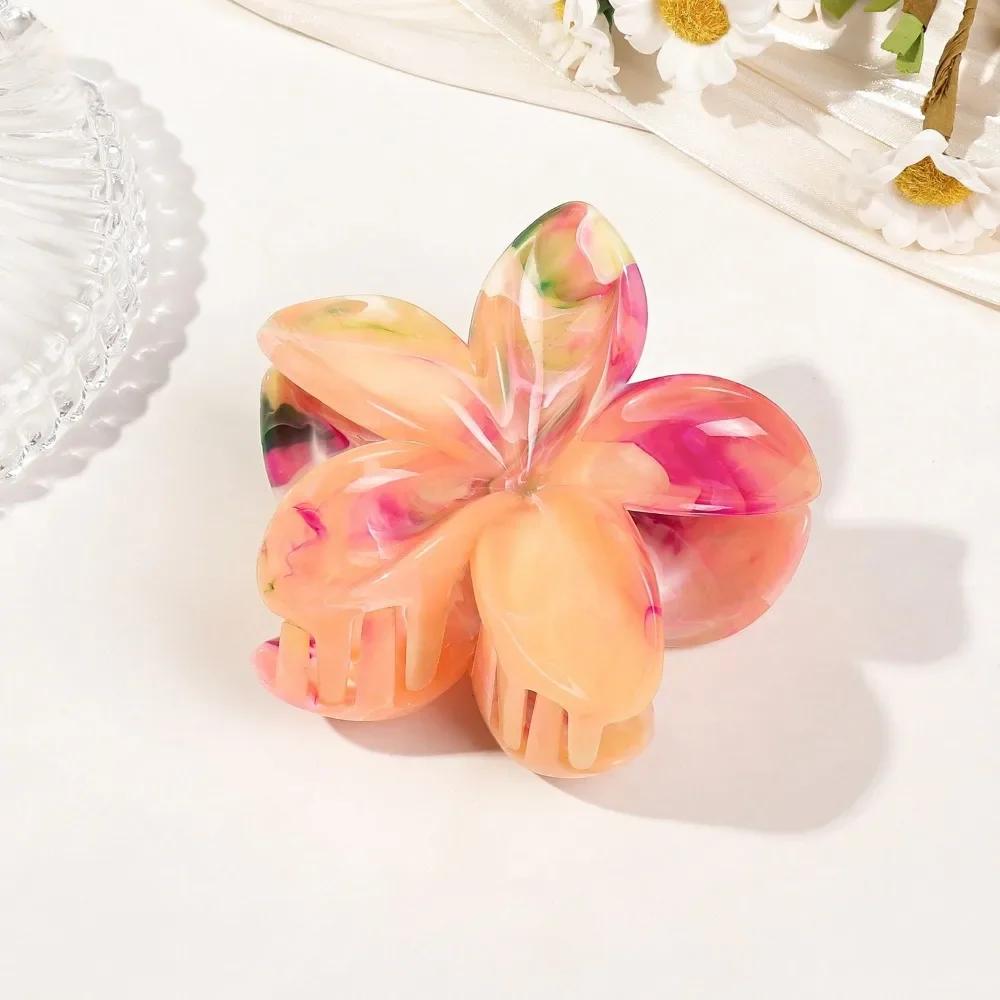 8cm Marble Pattern Frangipani Flower Hair Claw for Women Handmade Dyeing Design Acrylic Large Shark Clips Vacation Accessories