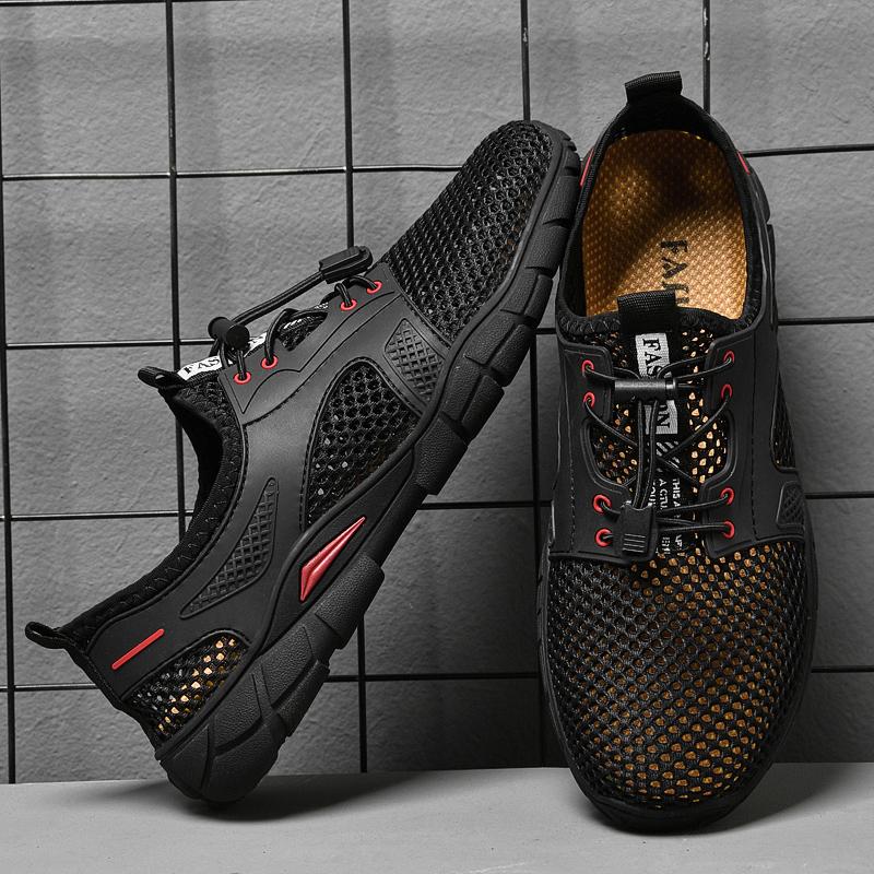 FashionNon-slip Wear-Resistant Sandals Hollow Out Flats Breathable Mesh Shoes Men All-match Lightweight Sneakers New Lace-Up Footwear