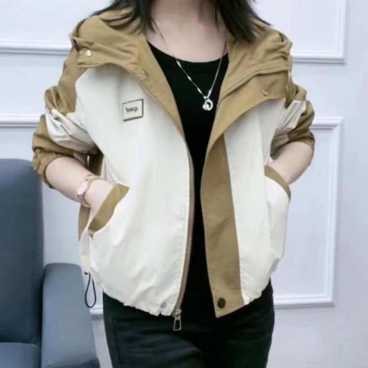 Autumn Winter Hooded Contrast Color Jacket for Women Short Warm Tops M