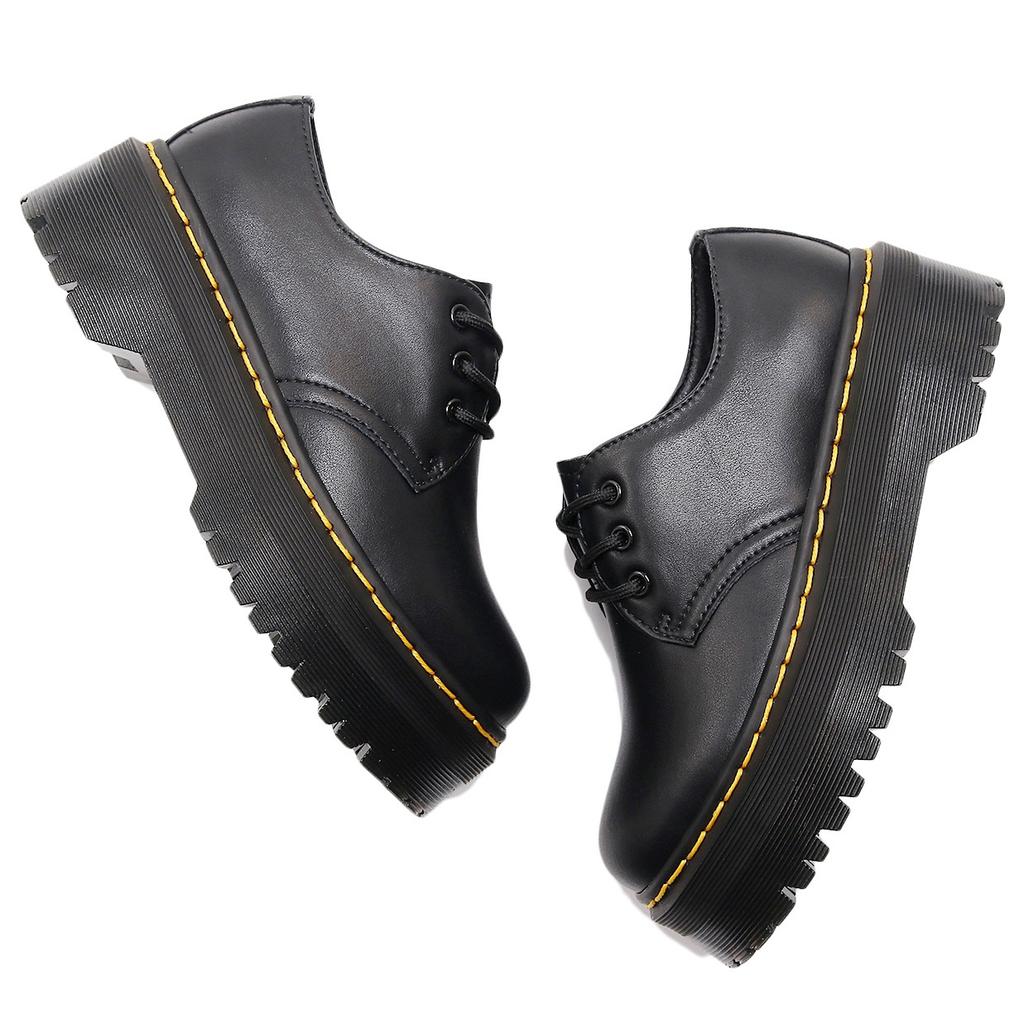 Sapatos Pequenos de Couro com Solado Grosso de 3 Furos Femininos de Cano Curto, Couro Macio Couro Redondo Casual Estudante Salto Bolacha Botas Curtas