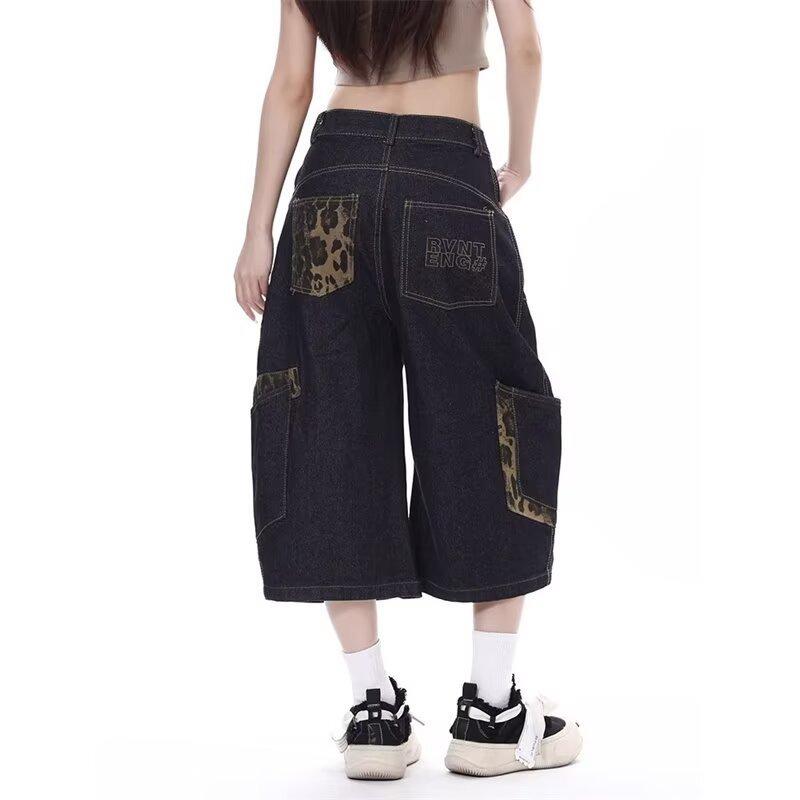 Pants Men's and Women's High Street Multi-pocket Loose Tooling Shorts Large Size Guochao Camouflage Splicing Scimitar Denim