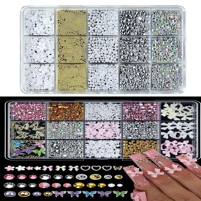 12/15 Grids/Box 3D Nail Art Decoration Kit With Resin Bowknot Pearls Heart & Assorted Shapes Kawaii Nail Charms DIY Manicure Art