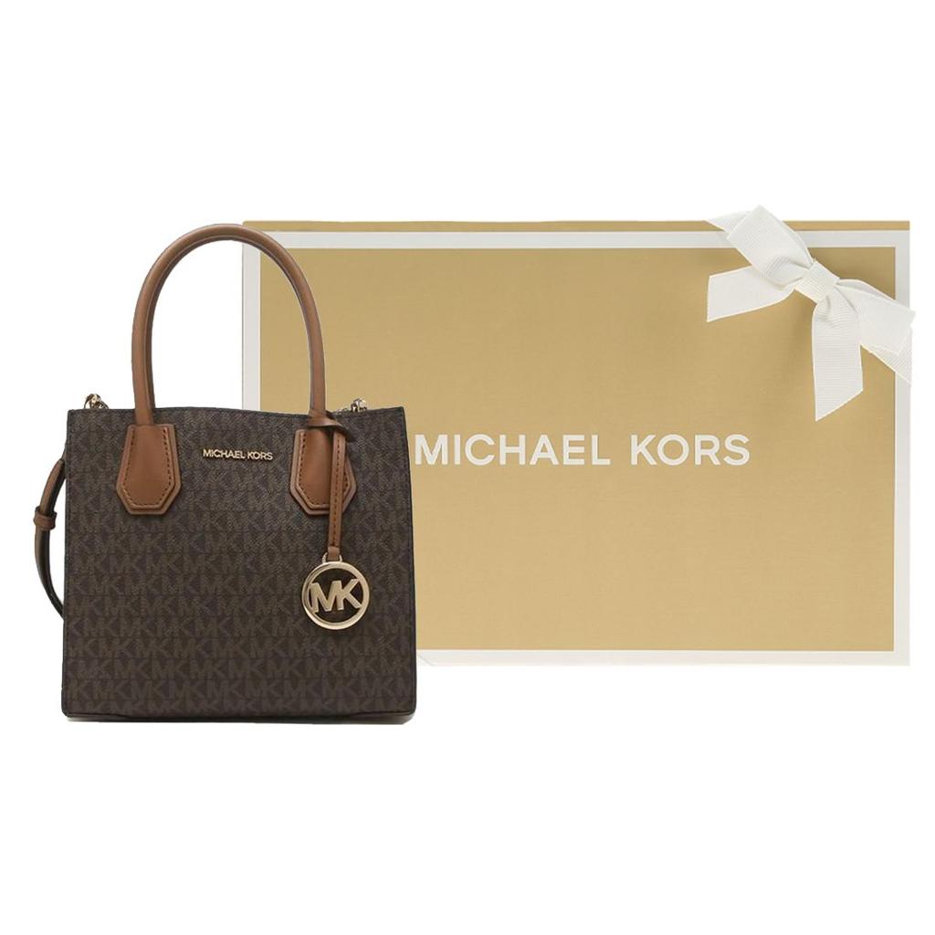 Michael Kors MK Mercer Serie Klassisch Französisch Vintage Monogramm Farbblock PVC-beschichtetes Segeltuch Akkordeon-Tasche Damen Handtaschen Braun 35S1GM9M2B-BRN