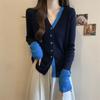 Color Block V Neck Long Sleeve Knit Top Women Spring New Single Breasted Design Slim Fit Versatile Blouse