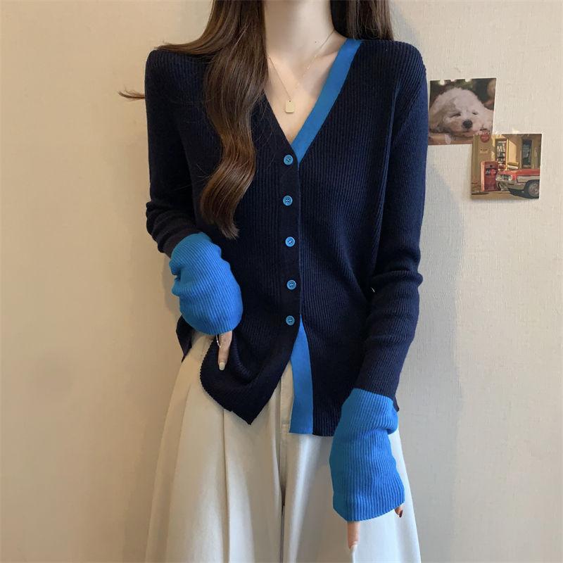 Color Block V Neck Long Sleeve Knit Top Women Spring New Single Breasted Design Slim Fit Versatile Blouse