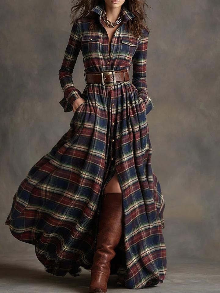 2026 European & American Women's French High-End Retro Plaid Dress with Belt